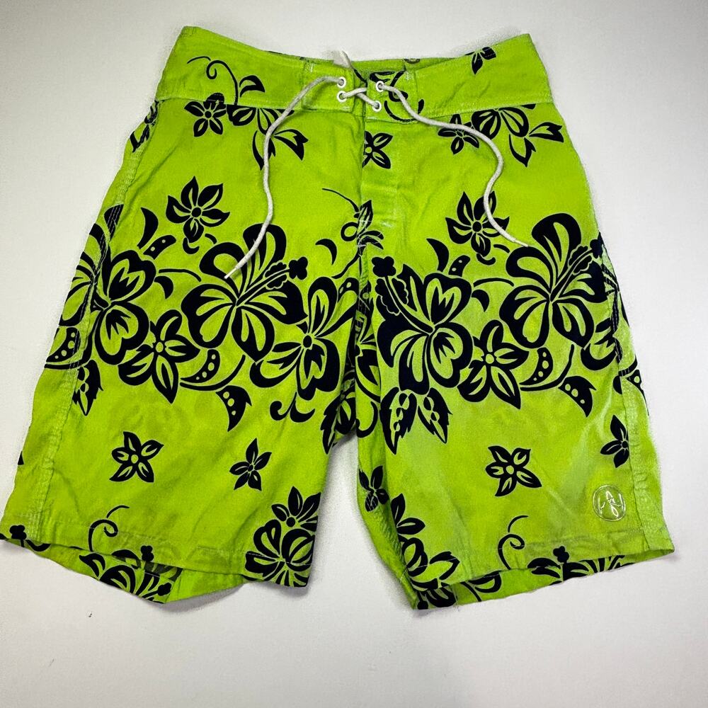 Vintage Rusty Surf Boardshorts 32 Green Black Floral Neon Made USA Nylon Blend